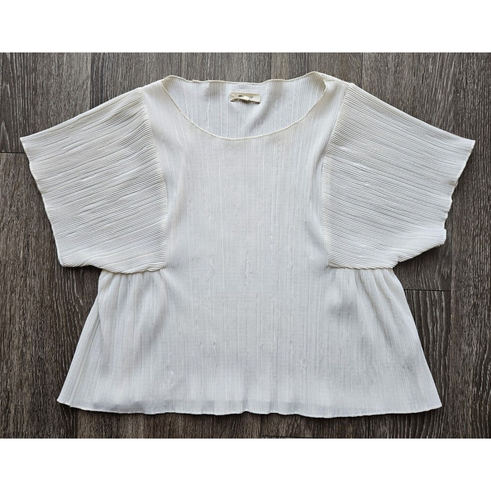 Madewell Pleated Flowy White Short Sleeve Blouse, Casual Modern Style Women's L